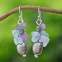 Cultured pearl and aquamarine cluster earrings, Clover