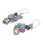 Cultured pearl and aquamarine cluster earrings, 'Clover' - Pearl Aquamarine Quartz Cluster Earrings