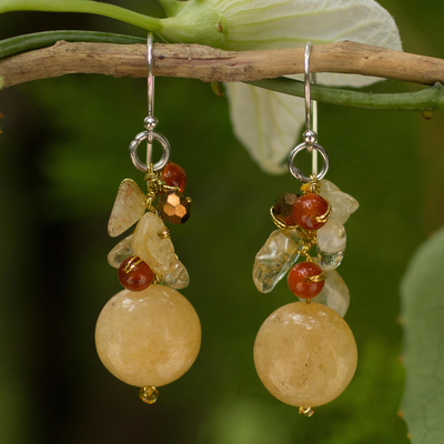Citrine and carnelian cluster earrings, 'Yellow Rose' - Quartz Carnelian Citrine Cluster Earrings