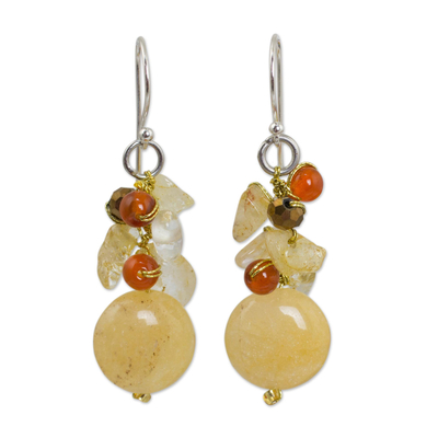 Citrine and carnelian cluster earrings, 'Yellow Rose' - Quartz Carnelian Citrine Cluster Earrings