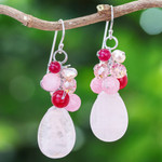 Rose quartz cluster earrings, 'Pink Rose' - Handcrafted Thai Quartz Cluster Earrings
