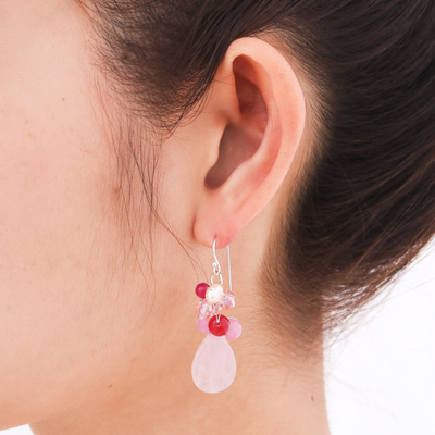 Rose quartz cluster earrings, 'Pink Rose' - Handcrafted Thai Quartz Cluster Earrings