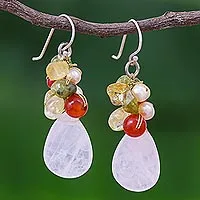 Rose quartz and peridot cluster earrings, 'Tropical Garden' - Quartz Carnelian Citrine Cluster Earrings