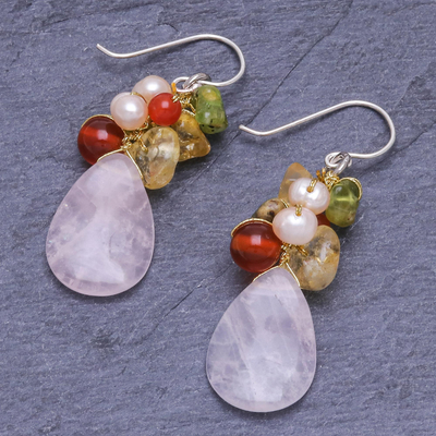 Rose quartz and peridot cluster earrings, 'Tropical Garden' - Quartz Carnelian Citrine Cluster Earrings