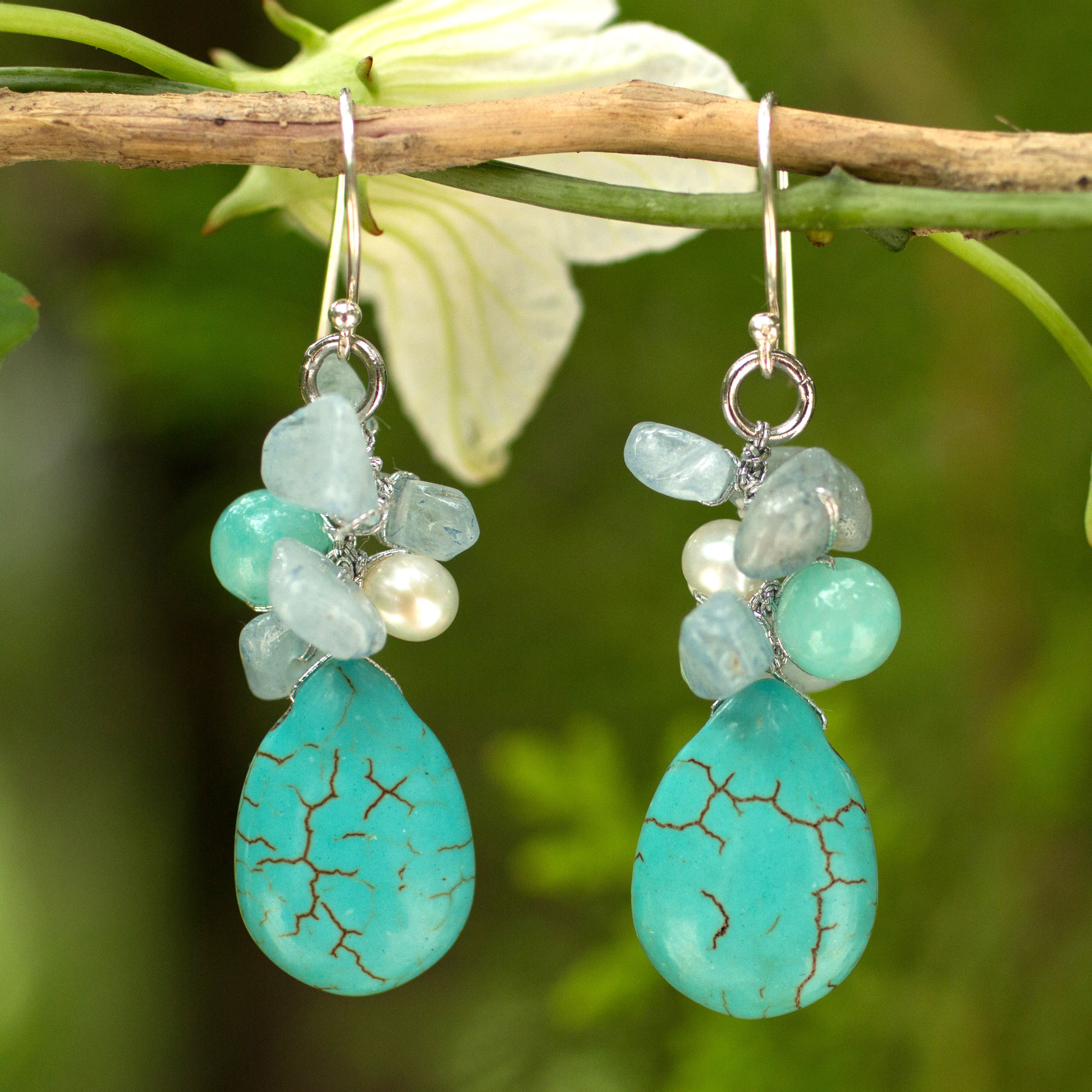 Handmade Pearl Aquamarine Blue Calcite Earrings Thailand - Cool Beauty ...