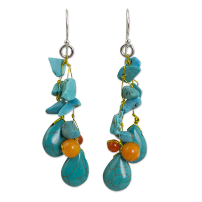Beaded earrings, 'Tropical Sea' - Unique Turquoise Colored Handcrafted Earrings with Carnelian