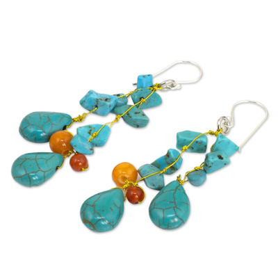 Beaded earrings, 'Tropical Sea' - Unique Turquoise Colored Handcrafted Earrings with Carnelian