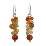 Pearl and carnelian beaded earrings, 'Golden Vines' - Thailand Yellow Pearl Carnelian Quartz Cluster Earrings