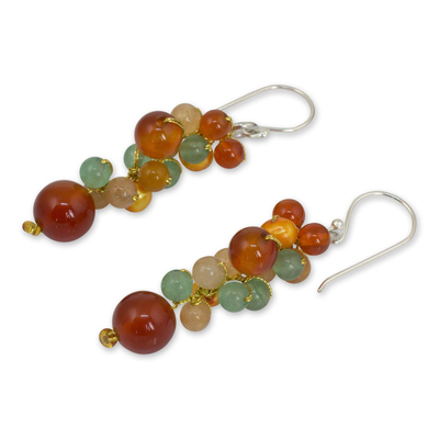 Pearl and carnelian beaded earrings, 'Golden Vines' - Thailand Yellow Pearl Carnelian Quartz Cluster Earrings