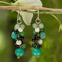 Cultured pearl cluster earrings, 'Verdant Vineyard' - Thai Pearl Green Agate Quartz Cluster Earrings