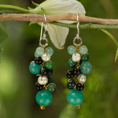 Cultured pearl cluster earrings, 'Verdant Vineyard' - Thai Pearl Green Agate Quartz Cluster Earrings