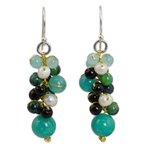 Cultured pearl cluster earrings, 'Verdant Vineyard' - Thai Pearl Green Agate Quartz Cluster Earrings