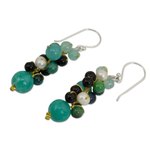 Cultured pearl cluster earrings, 'Verdant Vineyard' - Thai Pearl Green Agate Quartz Cluster Earrings