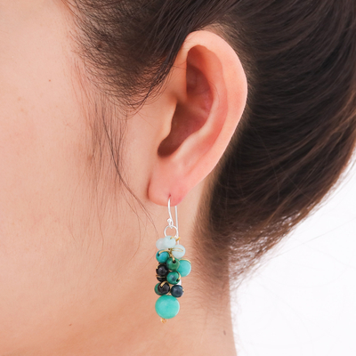 Cultured pearl cluster earrings, 'Verdant Vineyard' - Thai Pearl Green Agate Quartz Cluster Earrings
