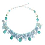 Cultured pearl and aquamarine waterfall necklace, 'Cool Beauty' - Artisan Crafted Pearl Aquamarine Blue Calcite Necklace