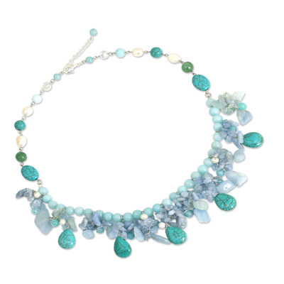 Cultured pearl and aquamarine waterfall necklace, 'Cool Beauty' - Artisan Crafted Pearl Aquamarine Blue Calcite Necklace