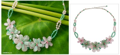 Rose quartz and aventurine flower necklace, 'Spring Floral' - Rose Quartz and Aventurine Floral Necklace