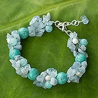 Cultured pearl and aquamarine beaded bracelet, 'Cool Beauty'