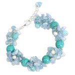Cultured pearl and aquamarine beaded bracelet, 'Cool Beauty' - Handmade Pearl Aquamarine Blue Calcite Bracelet Thailand