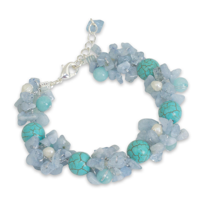 Cultured pearl and aquamarine beaded bracelet, 'Cool Beauty' - Handmade Pearl Aquamarine Blue Calcite Bracelet Thailand