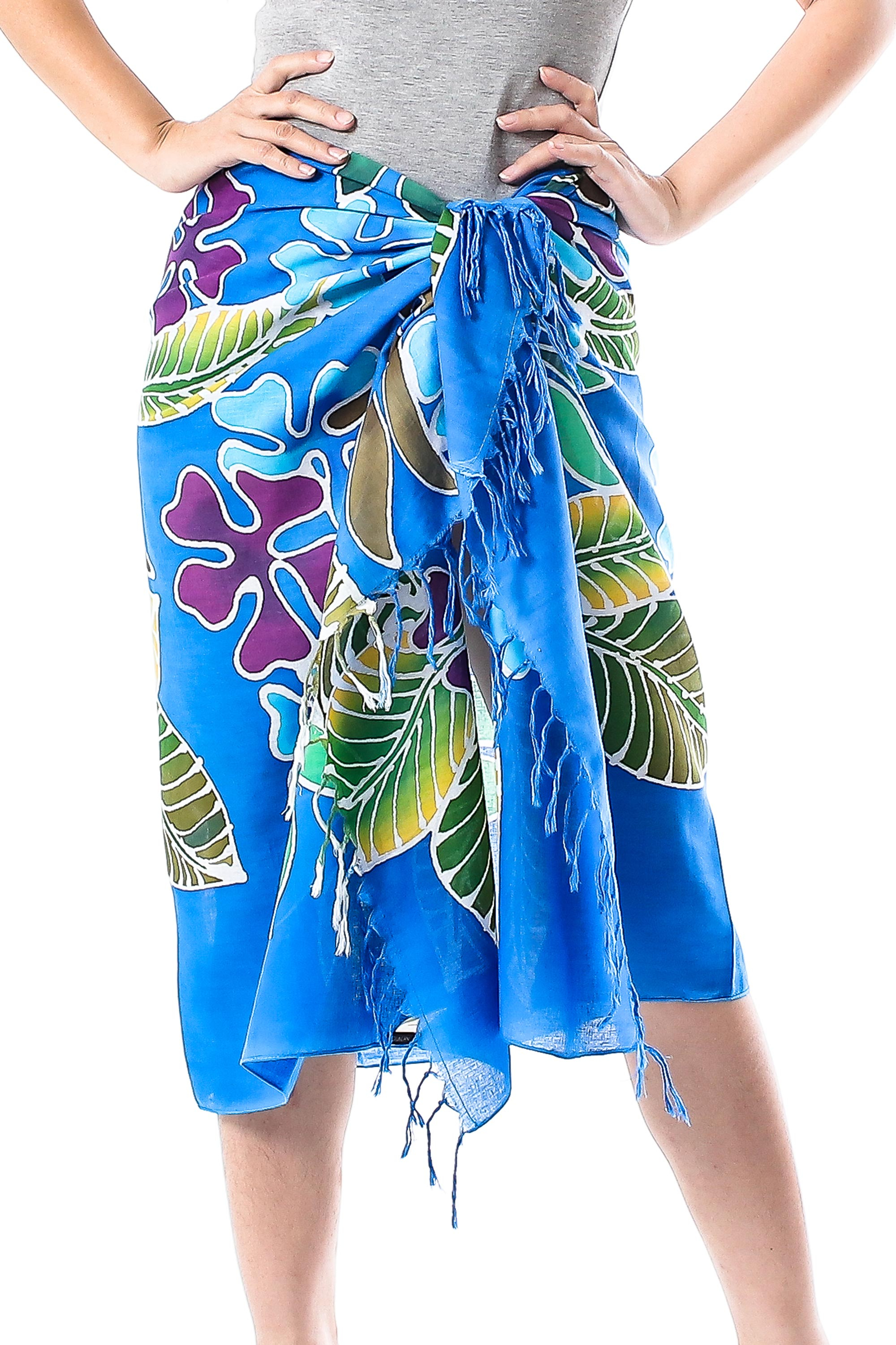 Blue Floral Cotton Batik Sarong - Tropical Enchantment | NOVICA