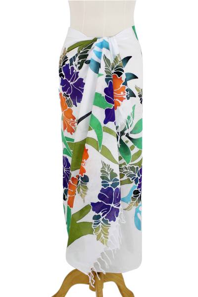 Cotton batik sarong, 'Tropical Hibiscus' - Handcrafted Floral Cotton Batik Sarong