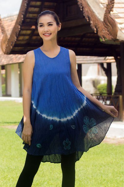 Cotton batik dress, 'Blue Thai Holiday' - Crinkle Cotton Sleeveless Blue Ombre Dress Shades from Brigh
