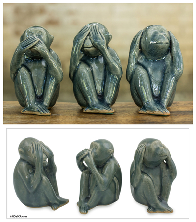 Figuras de cerámica de Celadon, 'Wise Blue Monkeys' (juego de 3) - Figuras de cerámica de Celadon