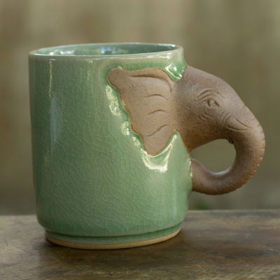 Celadon ceramic mug, 'Elephant Impression' - Celadon Ceramic Elephant Mug