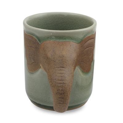 Celadon ceramic mug, 'Elephant Impression' - Celadon Ceramic Elephant Mug