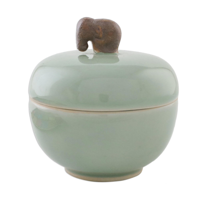 Celadon ceramic jar, 'Brown Elephant' - Thai Celadon Ceramic Jar and Lid