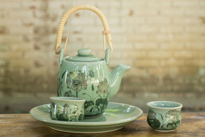 Juego de té Celadon, (juego para 2) - Juego de té de cerámica Celadon para 2
