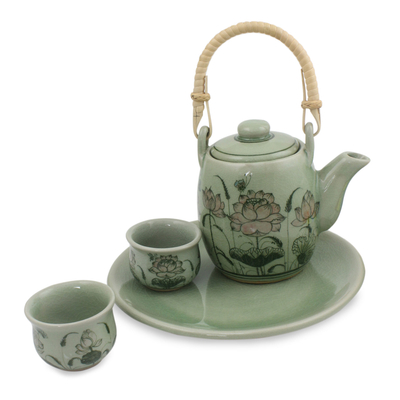 Celadon tea set, 'Pink Lotus Butterflies' (set for 2) - Celadon Ceramic Tea Set for 2