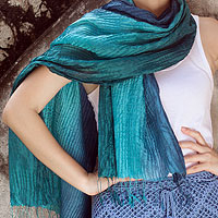 Hand Dyed Pin Tuck Silk Scarf,'Aqua Turquoise Transition'