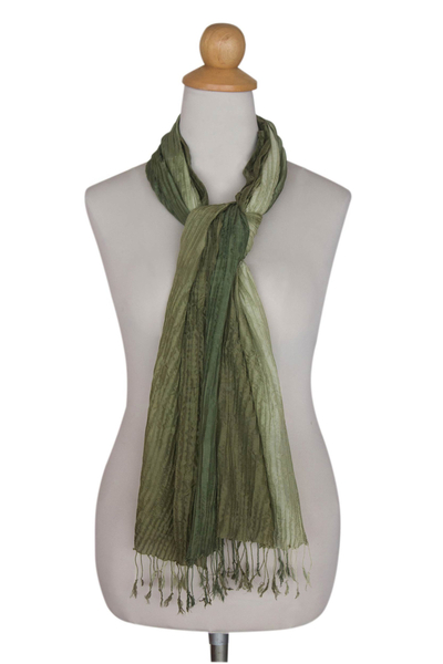 Silk pin tuck scarf, 'Olive Sage Transition' - Thai Silk Pin Tuck Scarf Shading from Sage to Olive