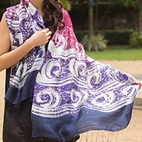 Silk batik shawl, 'Ocean Hyacinth' - Hand Painted Silk Batik Shawl