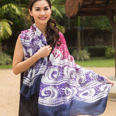 Silk batik shawl, 'Ocean Hyacinth' - Hand Painted Silk Batik Shawl