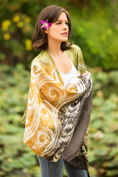 Silk batik shawl, Ocean Currents