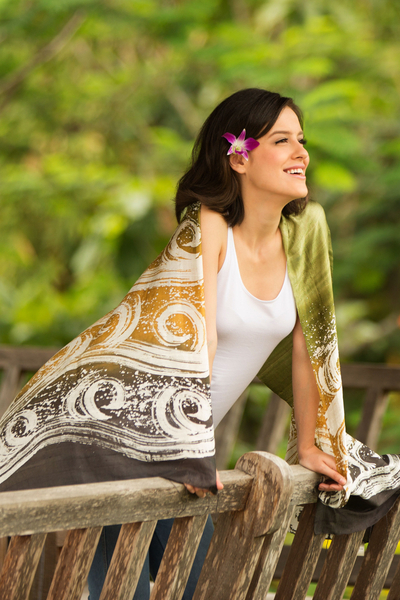 Silk batik shawl, 'Ocean Currents' - Thai Hand Crafted Silk Batik Shawl