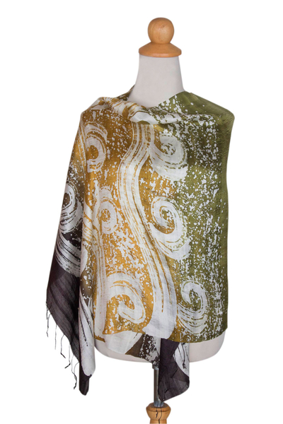 Silk batik shawl, 'Ocean Currents' - Thai Hand Crafted Silk Batik Shawl