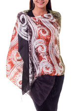 Silk batik shawl, 'Ocean Sunset' - Silk Batik Shawl in Orange and Green from Thailand