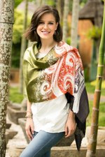 Silk batik shawl, 'Ocean Sunset' - Silk Batik Shawl in Orange and Green from Thailand