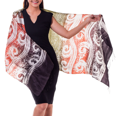 Silk batik shawl, 'Ocean Sunset' - Silk Batik Shawl in Orange and Green from Thailand