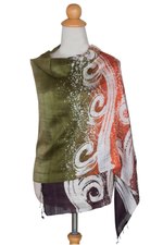 Silk batik shawl, 'Ocean Sunset' - Silk Batik Shawl in Orange and Green from Thailand