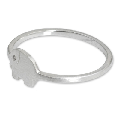Sterling silver band ring, 'Twinkling Elephant' - Brushed Satin Sterling Silver Ring with Cubic Zirconia