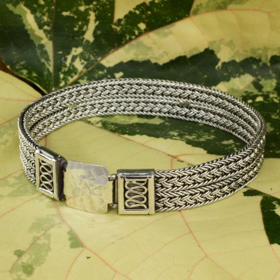 Men's sterling silver bracelet, 'Distinction' - Men's Wide Sterling Silver Braided Bracelet Thailand