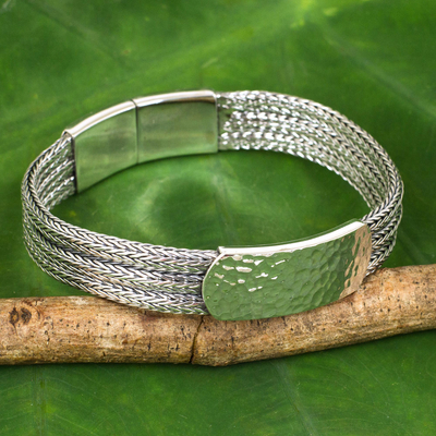 Men's sterling silver bracelet, 'Winter Wheat' - Men's Thai Sterling Silver Braided Bracelet and Medallion