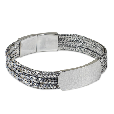 Men's sterling silver bracelet, 'Winter Wheat' - Men's Thai Sterling Silver Braided Bracelet and Medallion