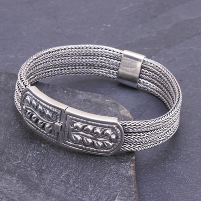 Men's sterling silver bracelet, 'Wheat' - Mens Sterling Silver Braided Bracelet and Medallion Thailand