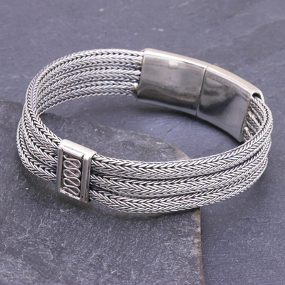Herrenarmband aus Sterlingsilber - Herren-Armband aus geflochtenem Sterlingsilber und Medaillon, Thailand